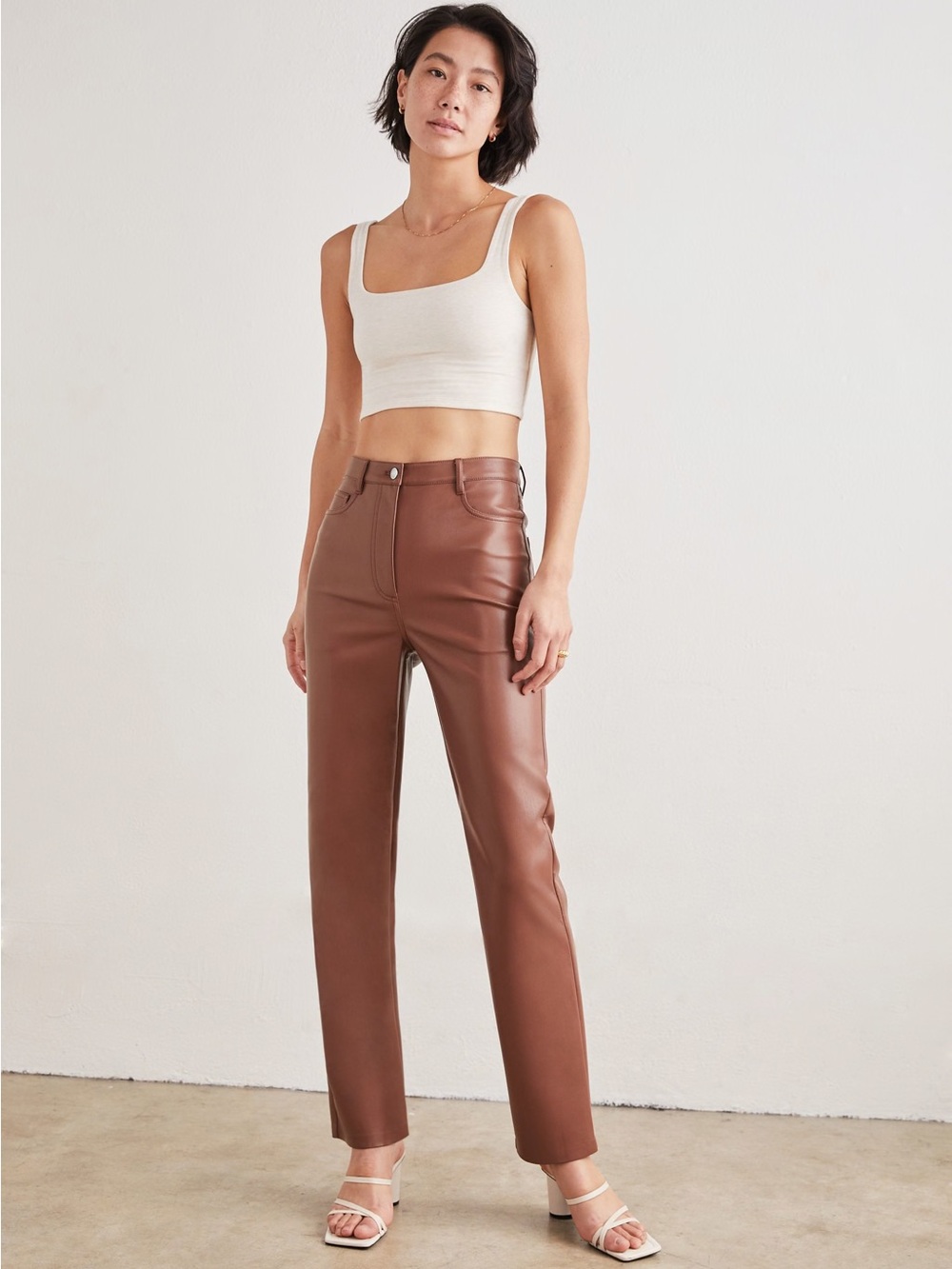 Wilfred High-Rise faux Leather Straight pants- Brown